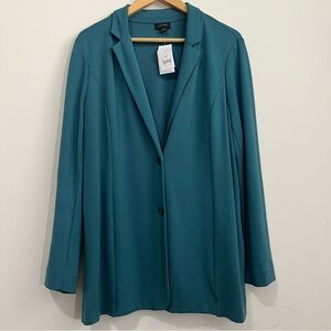 NWT J. Jill Wearever Blazer L Jacket Teal QuailBlue Pockets Comfort Jersey Knit